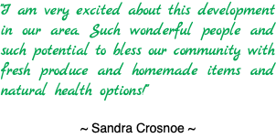 "I am very excited about this development in our area. Such wonderful people and such potential to bless our community with fresh produce and homemade items and natural health options!" ~ Sandra Crosnoe ~